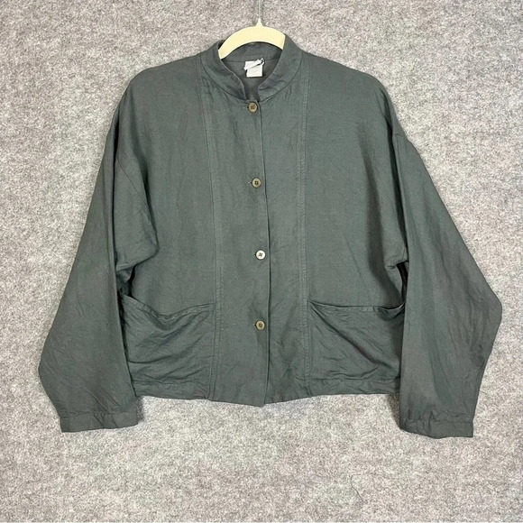 Eileen Fisher Linen Blend Jacket Womens‎ XS Gray Button Front Pockets - Picture 1 of 14